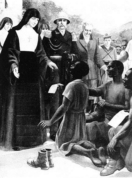 Black and white painting of people kneeling in front of Anne-Marie Javouhey